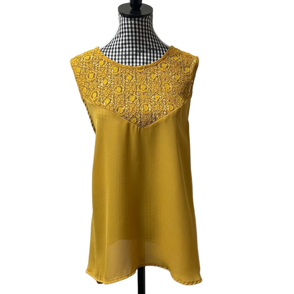 Fleur Elise Sleeveless Cotton Blend Dark Gold Flowy Lace Top Snap Blouse Large